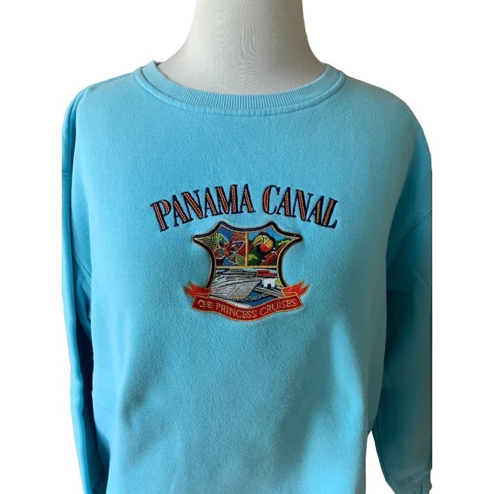 PRINCESS CRUISES LADIES LS ROOMY TURQUOISE PANAMA CANEL THEMED SWEATSHIRT EUC M